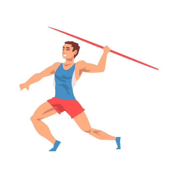 Javelin Thrower Personagem Atleta Masculino em Esportes Uniforme ith Spear, Active Sport Estilo de Vida Saudável Vector Ilustração — Vetor de Stock