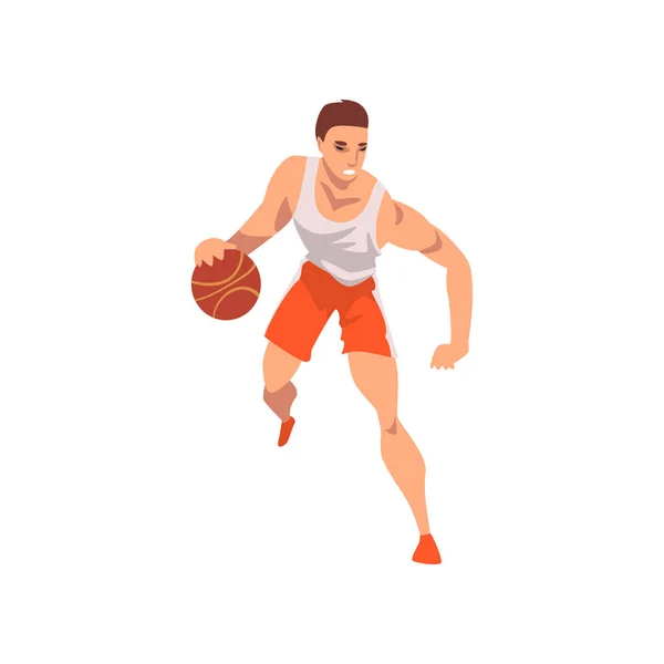 バスケット ボール プレーヤーを搭載したボール、スポーツ制服、アクティブなスポーツ健康的なライフ スタイル ベクトル イラストの男性アスリート文字 — ストックベクタ