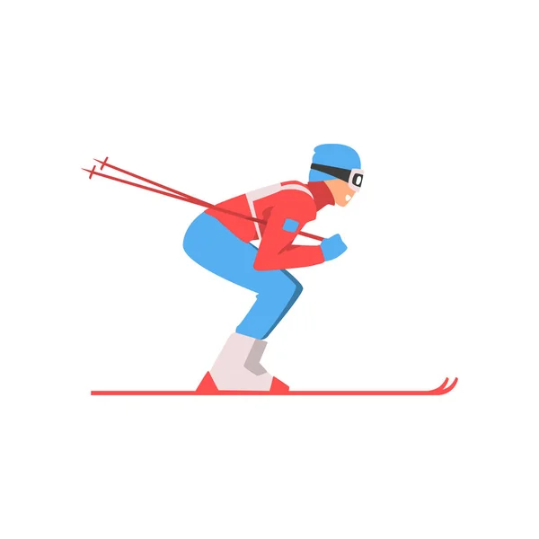 Skiing Sportsman, Male Athlete Character in Sports Uniform and Goggles, Active Sport Healthy Lifestyle Vector Illustration — Stock Vector