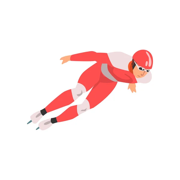 (Inggris) Short Track Speed Skater, Male Athlete Character in Sports Uniform, Active Sport Healthy Lifestyle Vector Illustration - Stok Vektor