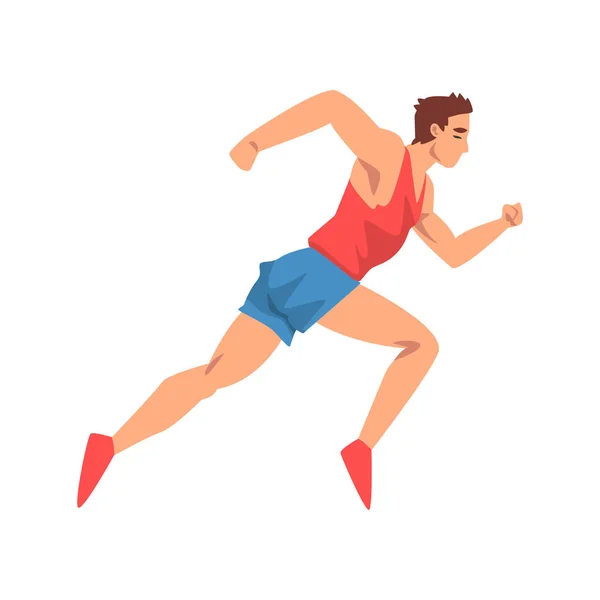 Erkek atlet koşma, sporcu karakter üniformalı, yan görünüm, aktif spor sağlıklı yaşam vektör çizim — Stok Vektör