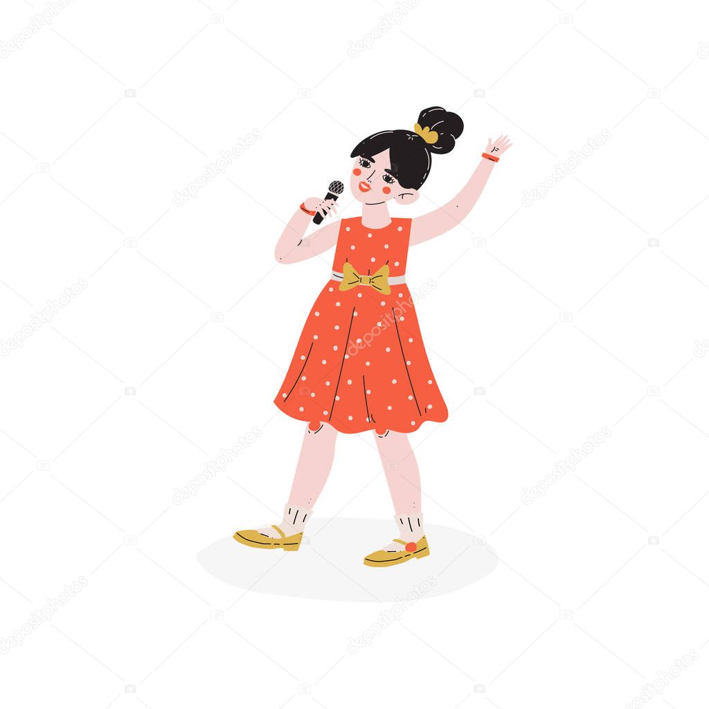 Girl Singing with Microphone, Talented Little Singer Character, Hobby, Education, Creative Child Development Vector Illustration
