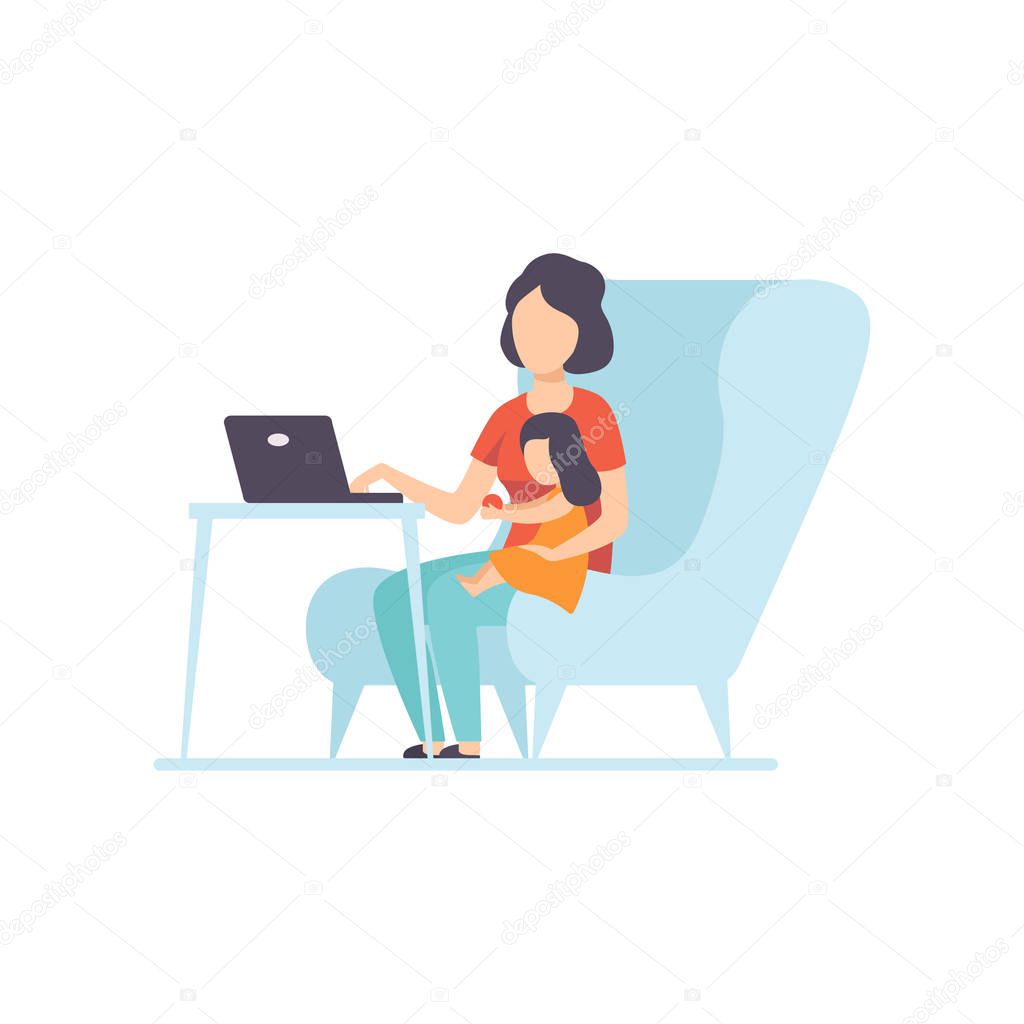 Mother Working at Home on Laptop Computer, Her Daughter Sitting Next to Her, Freelancer, Parent Working with Child, Mommy Businesswoman Vector Illustration