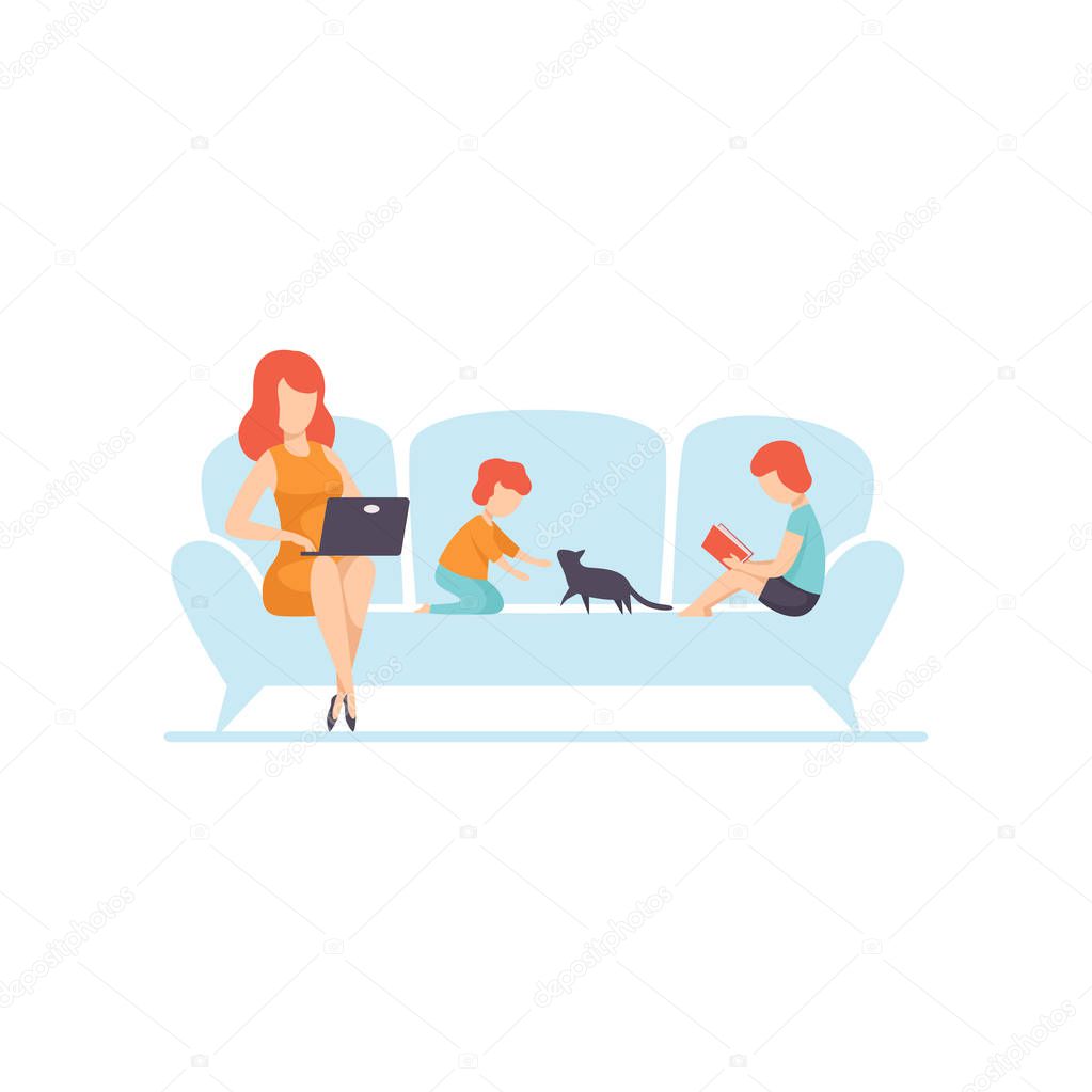 Mother Sitting on Sofa and Working on Laptop Computer, Her Kids Sitting Next to Her, Freelancer, Parent Working with Child, Mommy Businesswoman Vector Illustration
