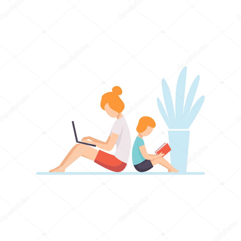 Young Mother Lying on Floor and Working on Laptop Computer, Her Son Sitting Next to Her and Reading, Mother and Son Seated Back to Back, Freelancer, Parent Working with Child Vector Illustration