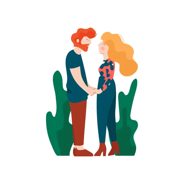 Joven y mujer sosteniendo las manos, pareja romántica enamorada, amantes felices en la fecha Vector Ilustración — Archivo Imágenes Vectoriales