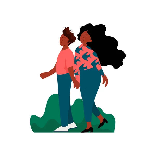 Афро-американская романтическая пара, держащаяся за руки во время прогулки, счастливые влюбленные на векторной иллюстрации свидания — стоковый вектор