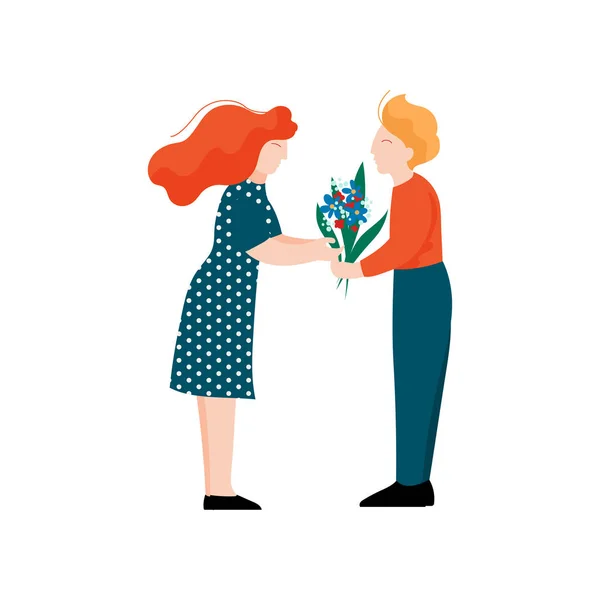 Jovem dando buquê de flores para sua namorada, casal romântico, amantes felizes na data Vector Ilustração — Vetor de Stock