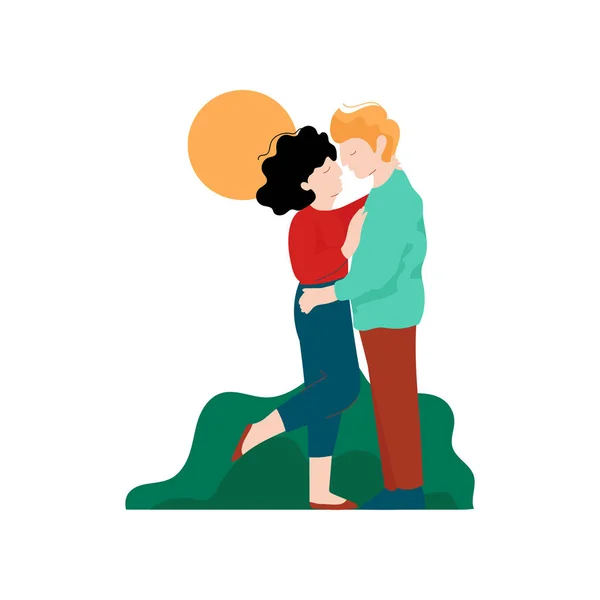 Romantický pár objímat a líbat na přírodu, šťastní milenci na datum, zadní zobrazit vektorové ilustrace — Stockový vektor