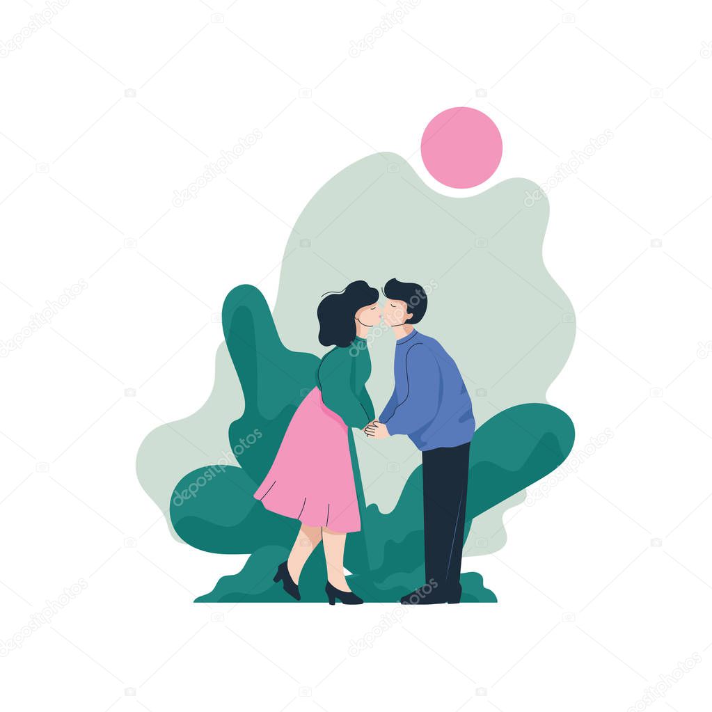 Romantic Couple Holding Hands and Kissing on Nature at Sunset, Happy Lovers on Date, Back View Vector Illustration