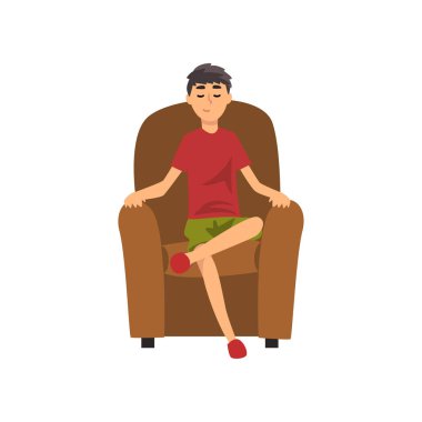 Vektör çizim kapalı gözler, hafta sonu evde harcama ve rahatlatıcı, evde kalan adam sandalyede oturan genç adam