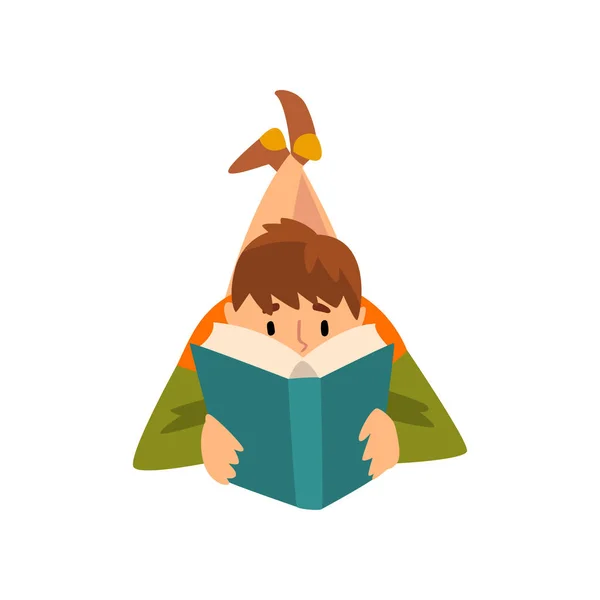 Joven acostado en su estómago y leyendo libro, Guy pasar fin de semana en casa y relajarse, descansar en casa Vector Ilustración — Vector de stock