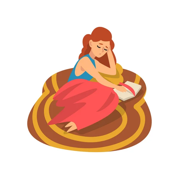Ragazza sdraiata sul tappeto sul pavimento e sul libro di lettura, giovane donna che trascorre il fine settimana a casa e si rilassa, riposare a casa illustrazione vettoriale — Vettoriale Stock