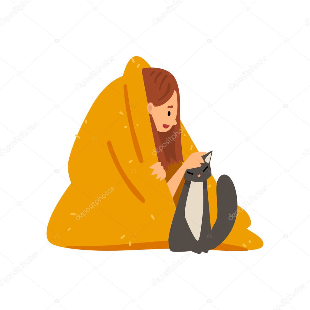 Girl Sitting on Floor Under Blanket and Stroking Cat, Young Woman Spending Weekend at Home and Relaxing, Rest at Home Vector Illustratio