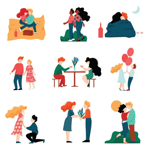 Happy Young Men and Women on Dates Set, Coppie romantiche che abbracciano, baciano e si tengono per mano, Amanti felici su Date Vector Illustrazione — Vettoriale Stock