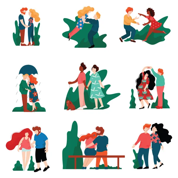 Колекція щасливих молодих чоловіків і жінок на побаченнях, романтичні пари ходять, приймають, цілують і тримають руки, щасливі коханці на побаченні Векторні ілюстрації — стоковий вектор