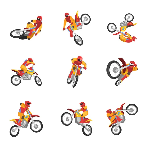 Motorradfahrer fahren Motorrad-Set, Motocross-Rennen, Sportler Durchführung von Tricks Vektor Illustration — Stockvektor