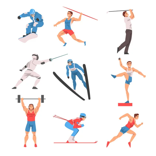 Personaje del atleta masculino en conjunto de uniformes deportivos, jugador de golf, snowboarder, lanzador de jabalina, esgrimista, putter de tiro, levantador de pesas, ilustración de vectores de esquiador — Archivo Imágenes Vectoriales
