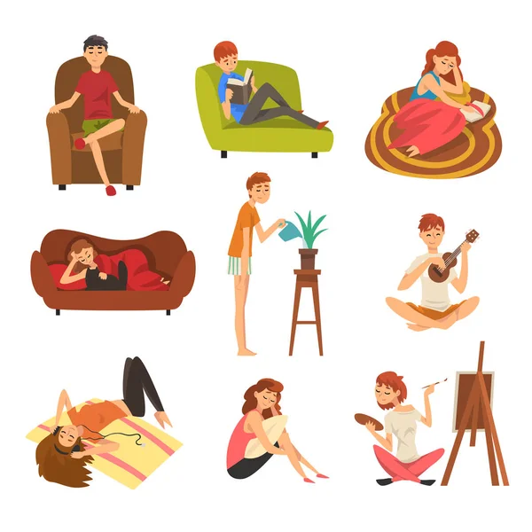 Lidé tráví víkend doma a relaxační sada, muž a žena, čtení knih, lhaní, snění, odpočívá doma vektorové ilustrace — Stockový vektor