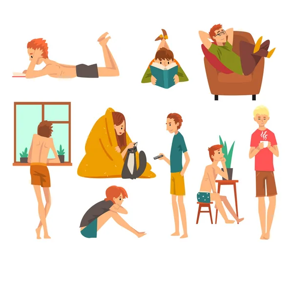 Mensen besteden Weekend thuis en ontspannende Set, Man en vrouw lezen van boeken, Vector dromen en rust thuis illustratie — Stockvector