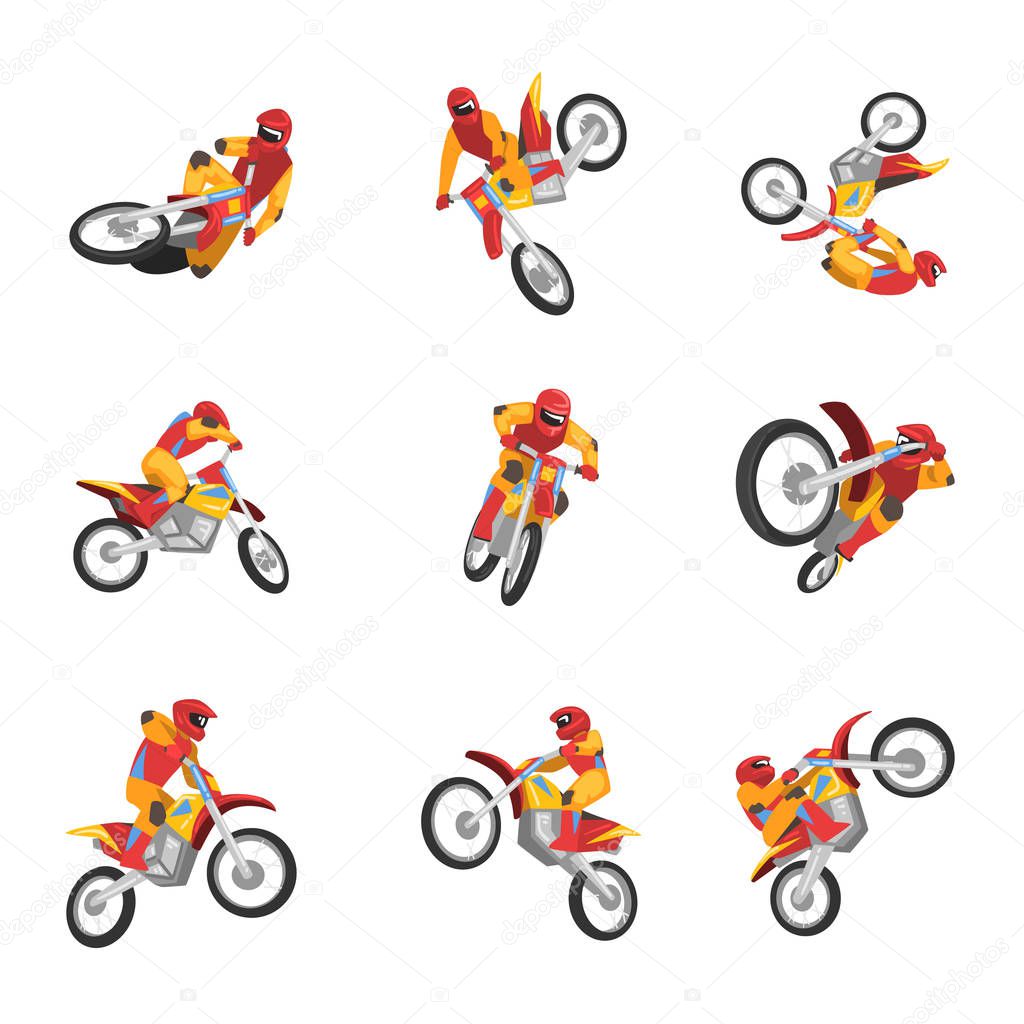 Motorcyclist Driving Motorcycle set, Motocross Racing, Sportsman Performing Tricks Vector Illustration