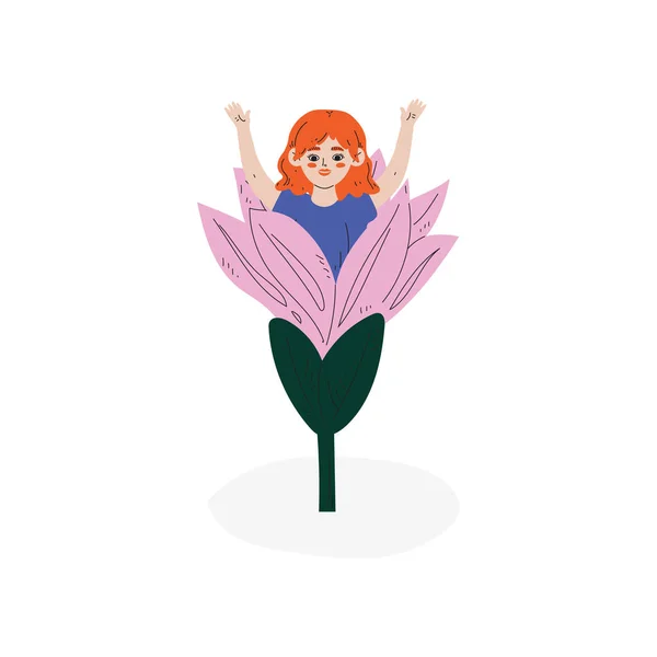 Krásná dívka sedící uvnitř růžový květ, děti jarní nebo letní venkovní aktivity vektorové ilustrace — Stockový vektor