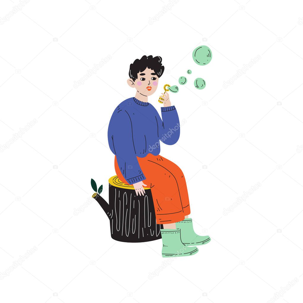 Boy Sitting on Stump and Blowing Soap Bubbles, Kids Spring or Summer Outdoor Activity Vector Illustration