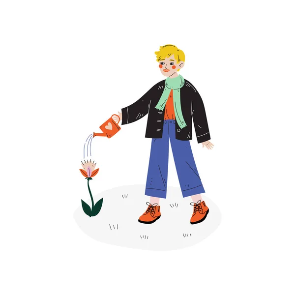 Junge wässert Blume mit Gießkanne, Kinder Frühling oder Sommer Outdoor-Aktivitäts-Vektor Illustration — Stockvektor