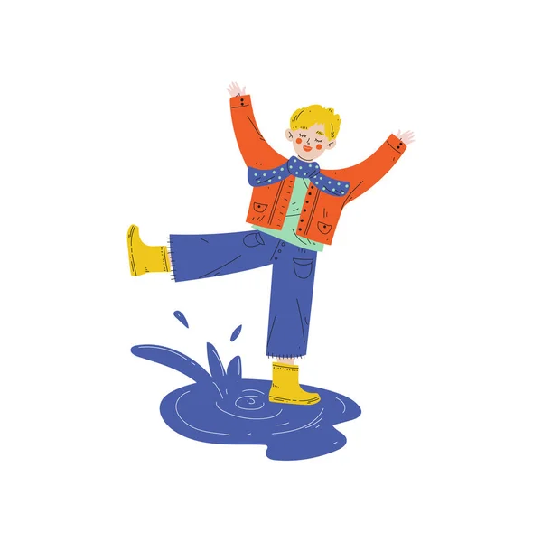 Boy Playing in Puddle, Kids Spring or Summer Outdoor Activity Vector Illustration — Stock Vector