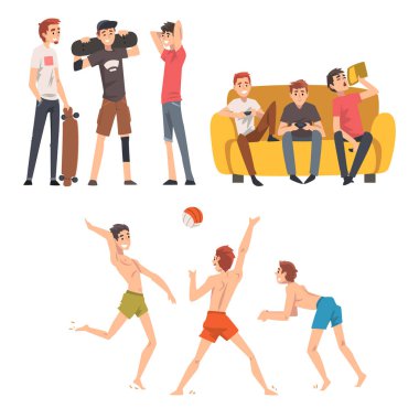 İyi harcama arkadaş birlikte Set, söz, top ve bilgisayar oyunları, Erkek arkadaşlık vektör çizim oynarken çocuklar zaman.