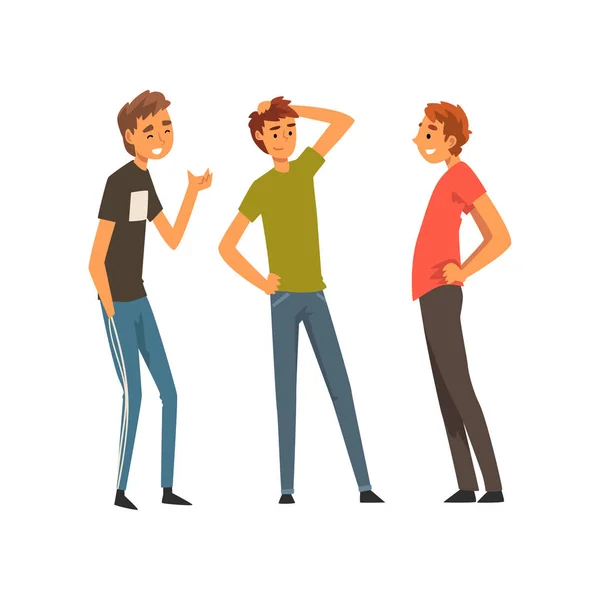 Tre Leende Bästa Manliga Vänner Pratar Tillsammans Manlig Vänskap Vektor — Stock vektor