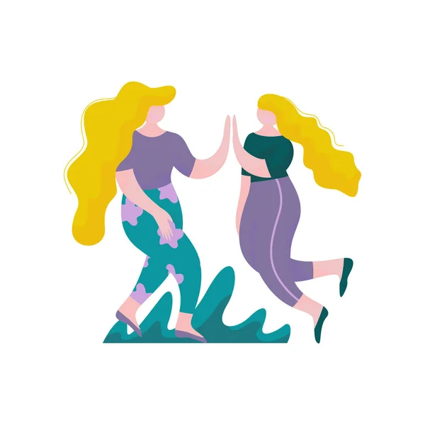 Twee mooie mollige meisjes met lange haren springen en geven High Five to Each Other, vrouwelijke personages met menselijke interactie, Fun, vriendschap, Teamwork, samenwerking Vector Illustratie — Stockvector