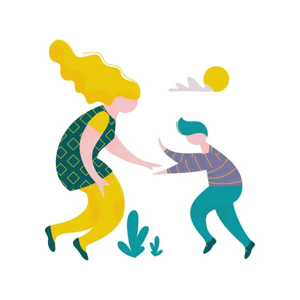 Hombre y mujer jóvenes felices que se dan los cinco primeros, personajes masculinos y femeninos que se divierten al aire libre, interacción humana, amistad, trabajo en equipo, cooperación ilustración vectorial — Vector de stock