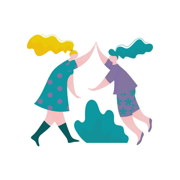 Deux belles filles dodues donnant High Five les unes aux autres, personnages féminins s'amusant, interaction humaine, amitié, travail d'équipe, illustration vectorielle de coopération — Image vectorielle