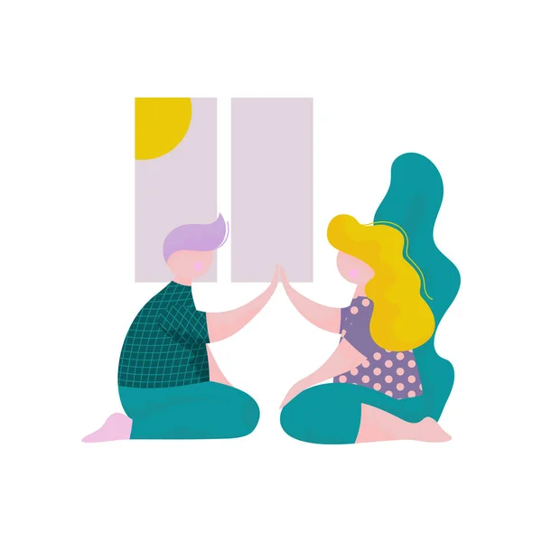 Fiatal férfi és nő, ami a magas öt egymással ülve előtt ablak, férfi és női karakterek birtoklás móka, az emberi kapcsolatok, a barátság, csapatmunka, együttműködés vektor illusztráció — Stock Vector