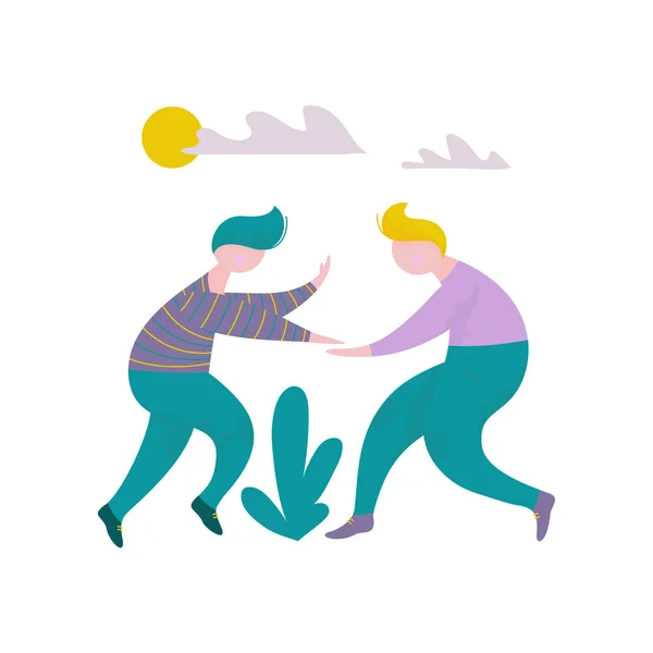 Dva šťastné lidi dávat pět navzájem, mužské postavy s Fun, lidské interakce, přátelství, týmová práce, spolupráce vektorové ilustrace — Stockový vektor
