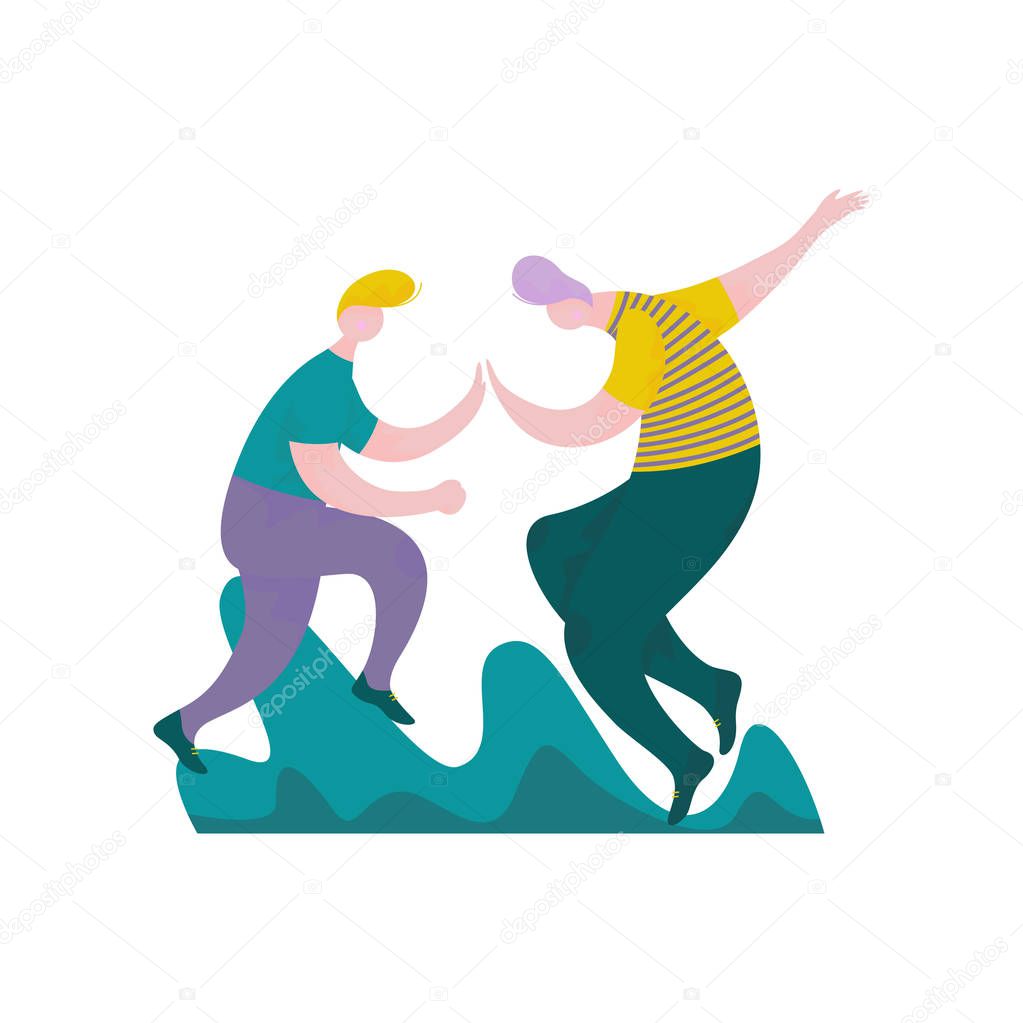 Guys Giving Five to Each Other, Male Characters Having Fun, Human Interaction, Friendship, Teamwork, Cooperation Vector Illustration