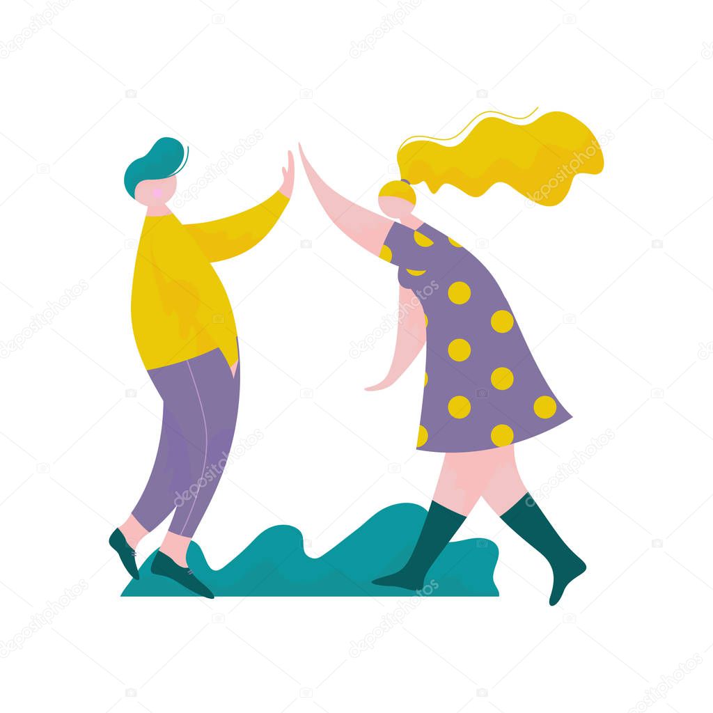 Young Man and Woman Giving High Five to Each Other, Male and Female Characters Having Fun, Human Interaction, Friendship, Teamwork, Cooperation Vector Illustration