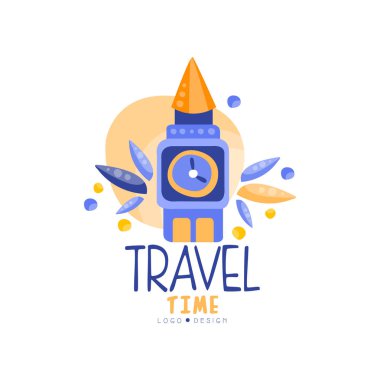 Seyahat zaman logo tasarımı, yaz tatili, hafta sonu Tur, turizm ajansı yaratıcı etiket vektör çizim