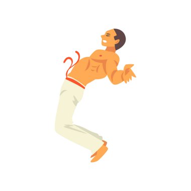 Erkek Capoeira dansçı savaşçı karakter hareketi, geri, Brezilyalı Milli Mücadele vektör çizim eğilerek adam pratik
