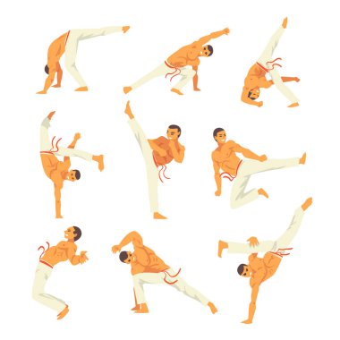 Erkek Capoeira dansçı ya da savaşçı karakter hareketleri pratik ayarla, Brezilyalı Milli Mücadele vektör çizim beyaz arka plan üzerinde