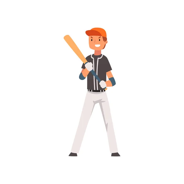 Smiling Baseball Player Standing with Bat and Ball, Softball Athlete Character in Uniform Vector Illustration