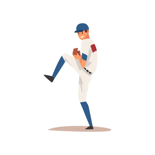Usmívající se hráč baseballu, Softball sportovec znaku v jednotných vektorové ilustrace — Stockový vektor