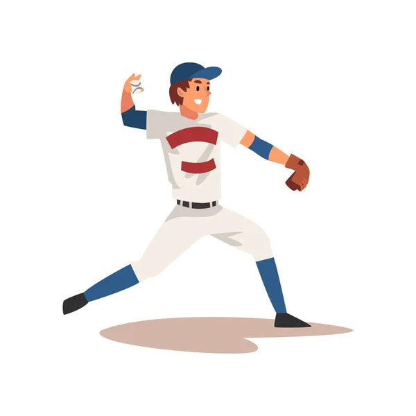 Smiling Baseball Player Throwing Ball, Softball Athlete Character in Uniform, Side View Vector Illustration — Stock Vector