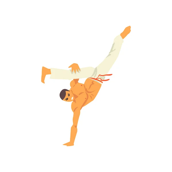 Man står på ena handen, Capoeira dansare karaktär öva rörlighet, brasilianska nationella kampsport vektorillustration — Stock vektor