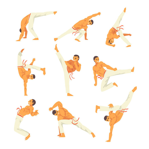 Male Capoeira Dancer or Fighter Character Practicing Movements Set, Brazilian National Struggle Vector Illustration on White Background