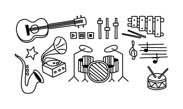 Set di strumenti musicali, pulsanti di riproduzione e note musicali. Icone in stile schizzo. Illustrazioni vettoriali disegnate a mano — Vettoriale Stock