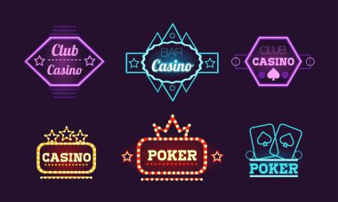 Neon işaret, casino, bar topluluğu, poker kulübü parlak logo tasarım şablonları illüstrasyon vektör