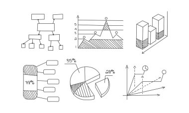 Çizelgeler, grafikler, oklar, tek renkli elle çizilmiş Infographic öğeleri, iş ekonomik ve mali şablonları illüstrasyon vektör