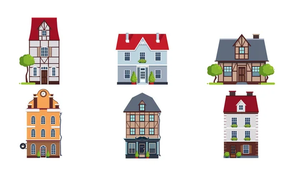 Conjunto de fachadas de casas europeas, edificios de diferentes estilos arquitectónicos vector Ilustración — Archivo Imágenes Vectoriales